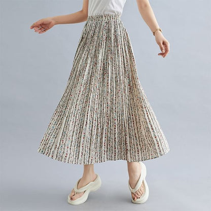 Elastic Waist Floral Print Accordion Pleated Maxi A-Line Skirt