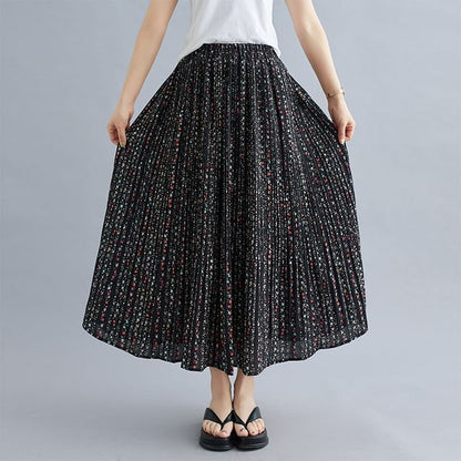 Elastic Waist Floral Print Accordion Pleated Maxi A-Line Skirt