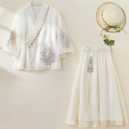 3/4-Sleeve V-Neck Floral Embroidered Tie Front Wrap Top / Elastic Waist Fringe Midi A-Line Skirt