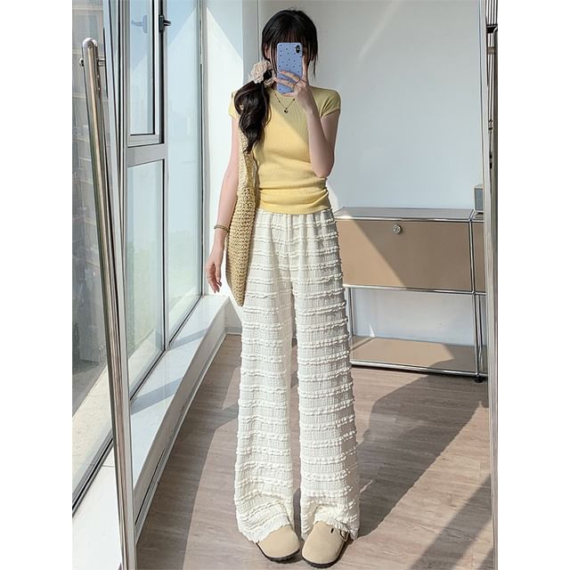 Elastic Waist Plain Frill Wide Leg Pants