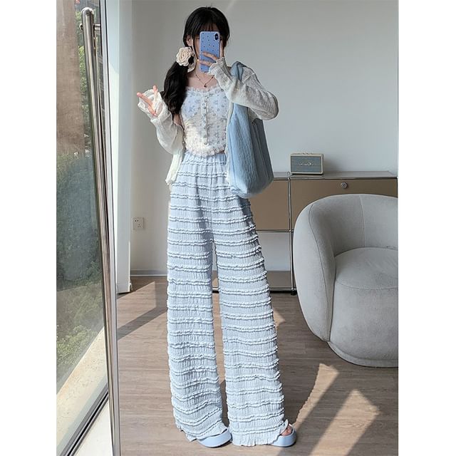 Elastic Waist Plain Frill Wide Leg Pants