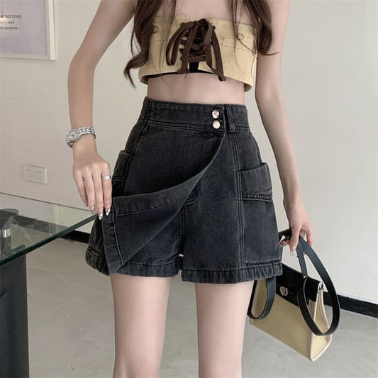 High Waist Asymmetrical Washed Denim Skort