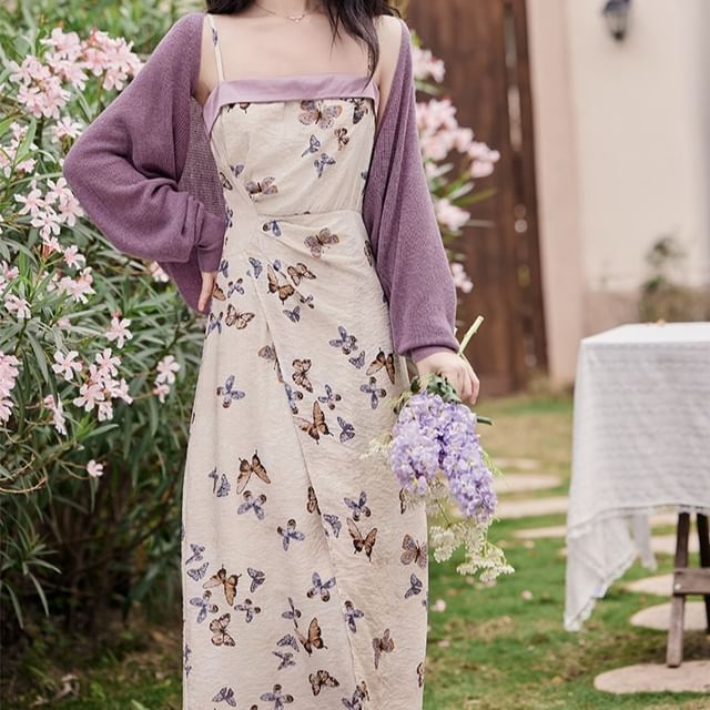 Plain Cardigan / Spaghetti Strap Butterfly Print Maxi Sundress / Set