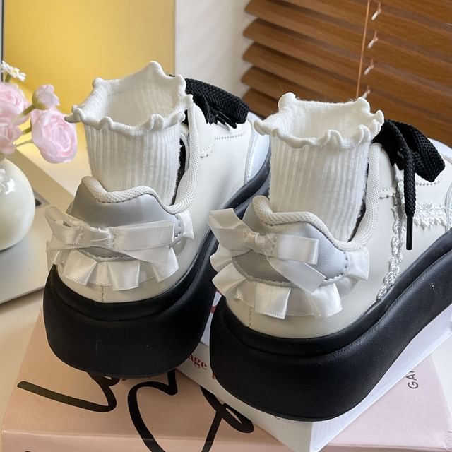 Platform Faux Pearl Bow Panel Sneakers