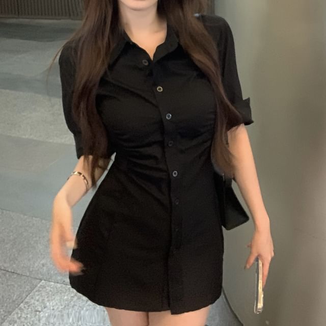 3/4-Sleeve Plain Ruched Button-Up Mini Sheath Shirt Dress