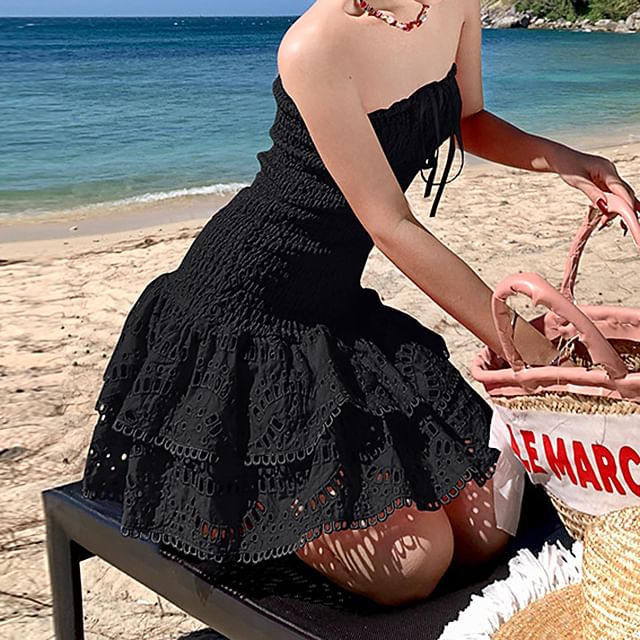 Tube Dress Ruched Mini A-Line Embroidered