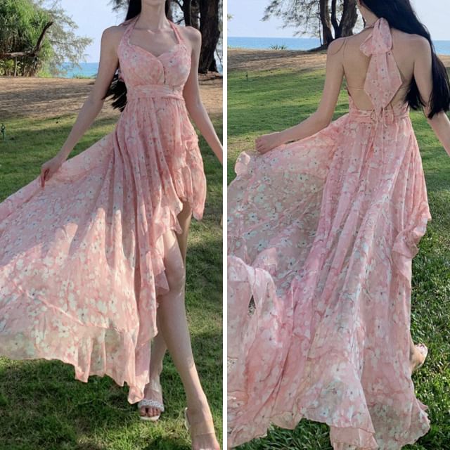 Halter Trim V-Neck Asymmetrical Ruched Print Floral A-Line Dress Open Ruffle Back