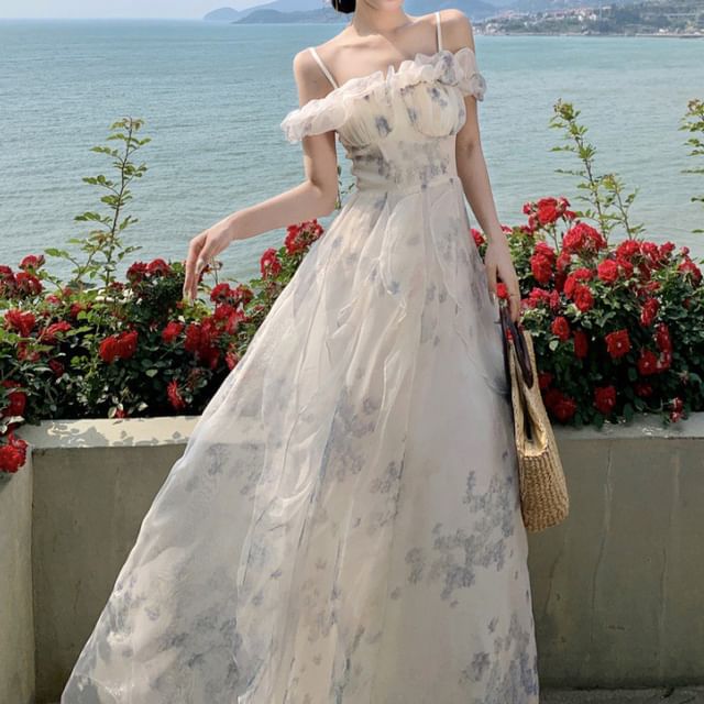 Maxi A-Line Square Cold Print Floral Ruffle Shoulder Ruched Dress Neck Trim