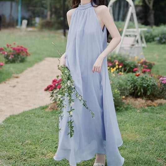 Halter Plain Maxi Sundress / Belt / Cardigan / Set