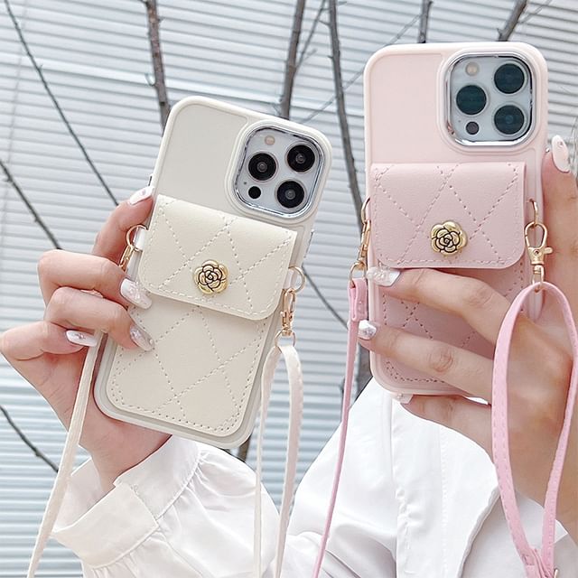 Leather Lanyard Card Case Phone Faux Holder