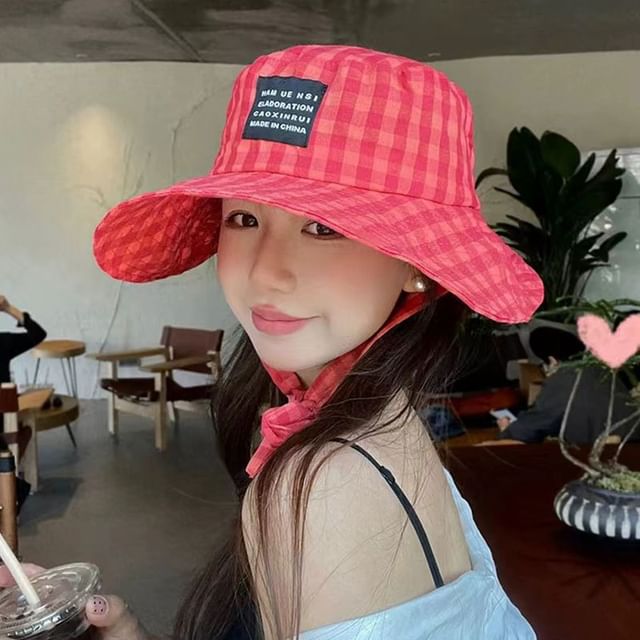 Lettering Hat Plaid Bucket Applique