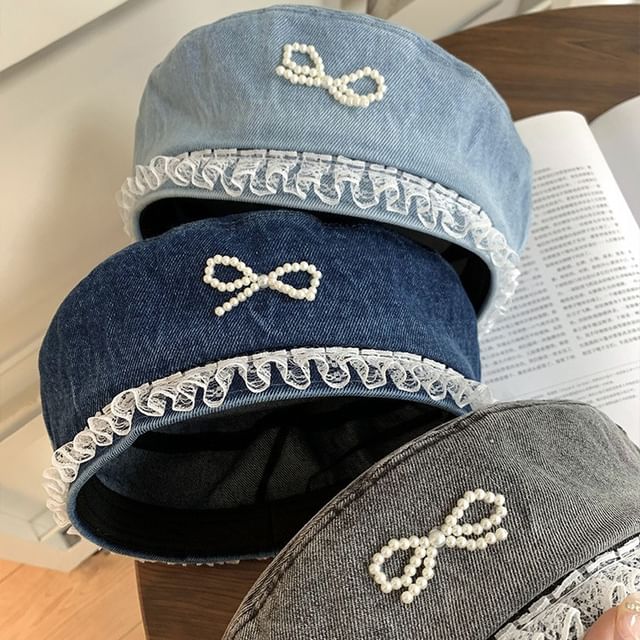 Trim Bow Beret Lace Denim Faux Pearl