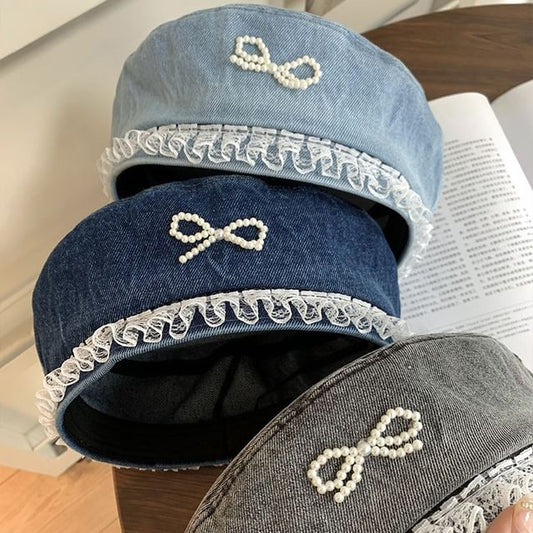 Trim Bow Beret Lace Denim Faux Pearl