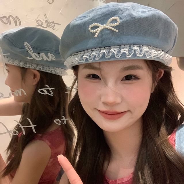 Trim Bow Beret Lace Denim Faux Pearl