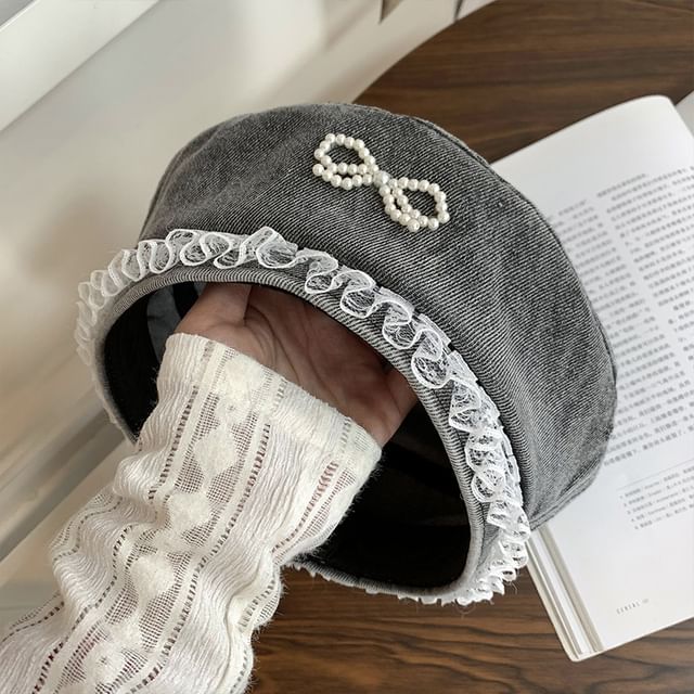 Trim Bow Beret Lace Denim Faux Pearl