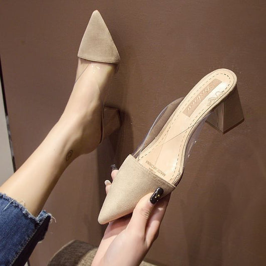 Panel Mules Transparent Toe Block Heel Pointed