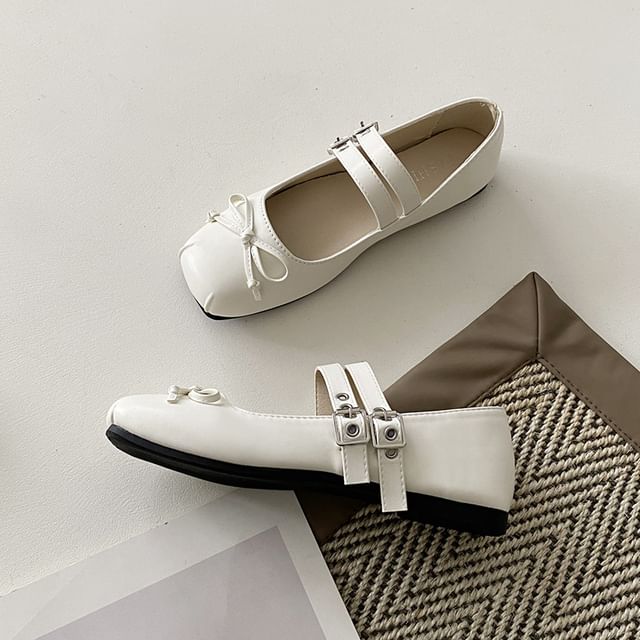 Flats Mary Bow Leather Toe Jane Square Faux Plain Accent