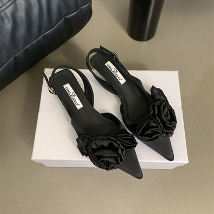 Pointed Toe Flower Slingback Kitten Heel Pumps