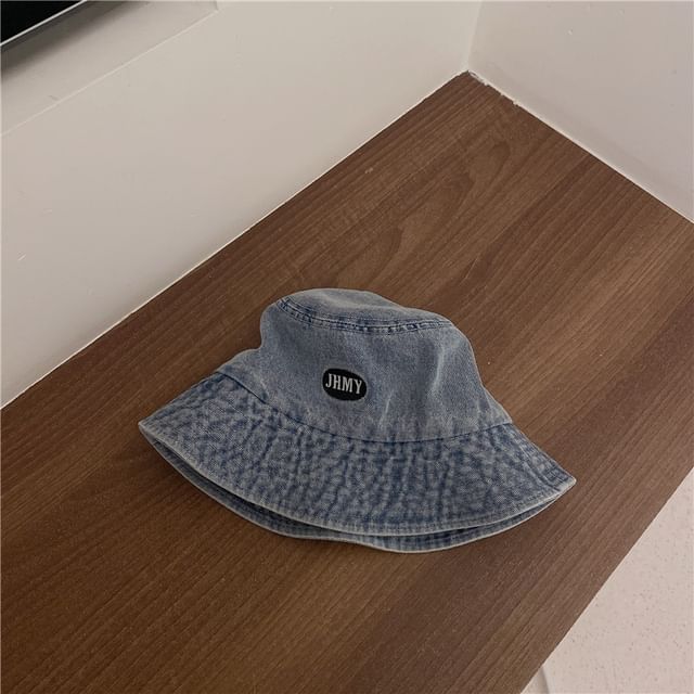 Embroidered Lettering Denim Bucket Hat Washed