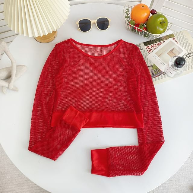 Long-Sleeve Crew Neck Plain Mesh Crop Top