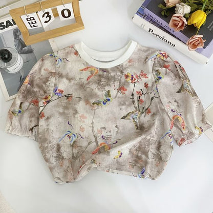 Short-Sleeve Crew Neck Print Crop T-Shirt