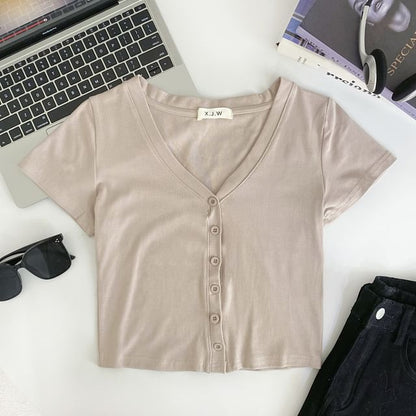 Short-Sleeve V-Neck Plain Button Crop T-Shirt