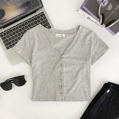 Short-Sleeve V-Neck Plain Button Crop T-Shirt