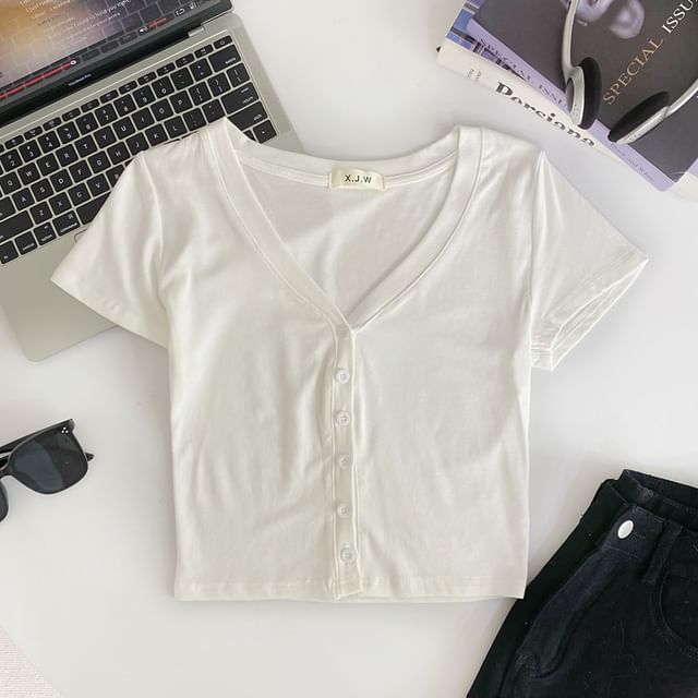 Short-Sleeve V-Neck Plain Button Crop T-Shirt