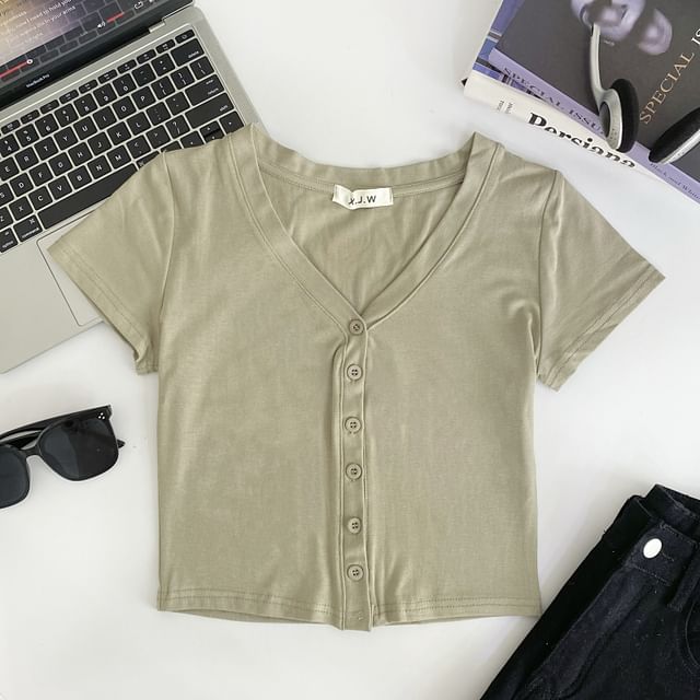 Short-Sleeve V-Neck Plain Button Crop T-Shirt