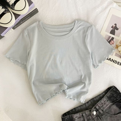 Short-Sleeve Round Neck Plain Lettuce Edge Crop T-Shirt