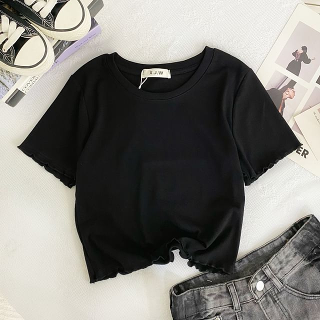 Short-Sleeve Round Neck Plain Lettuce Edge Crop T-Shirt