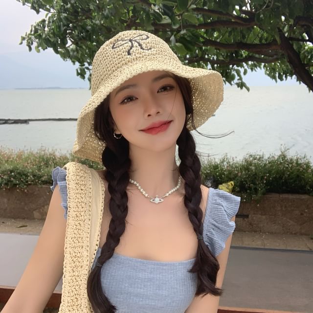 Straw Hat Embroidered Bow Sun