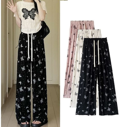 Butterfly Print High Waist Wide Leg Sweatpants