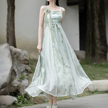 Traditional Chinese Spaghetti Strap Print Faux Pearl Midi A-Line Dress / Light Jacket / Flower Brooch