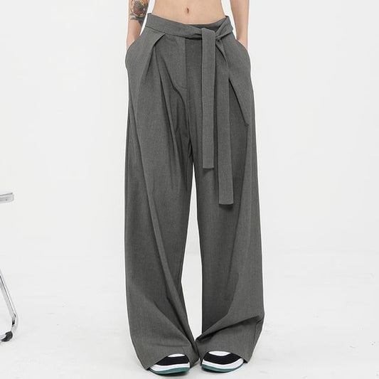 Low Rise Tie-Rise Plain Loose-Fit Wide-Leg Pants