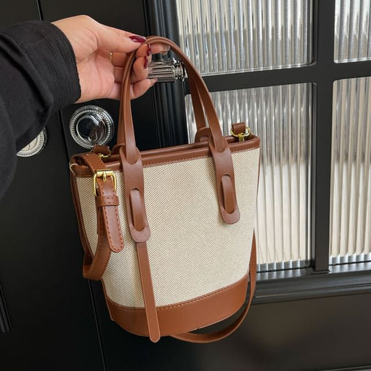 Bucket Leather Two Bag Faux Canvas Panel Tone