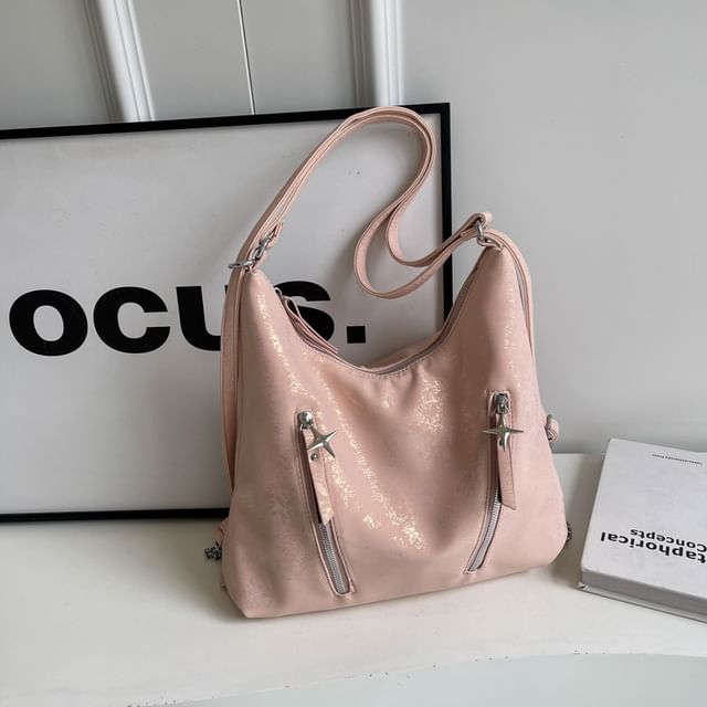 Backpack Plain Zipped Leather Chain Strap Faux