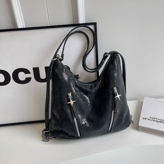 Backpack Plain Zipped Leather Chain Strap Faux