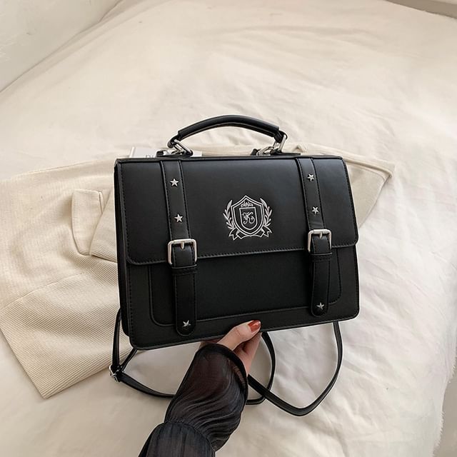 Faux Embroidered Satchel Studded Backpack Leather