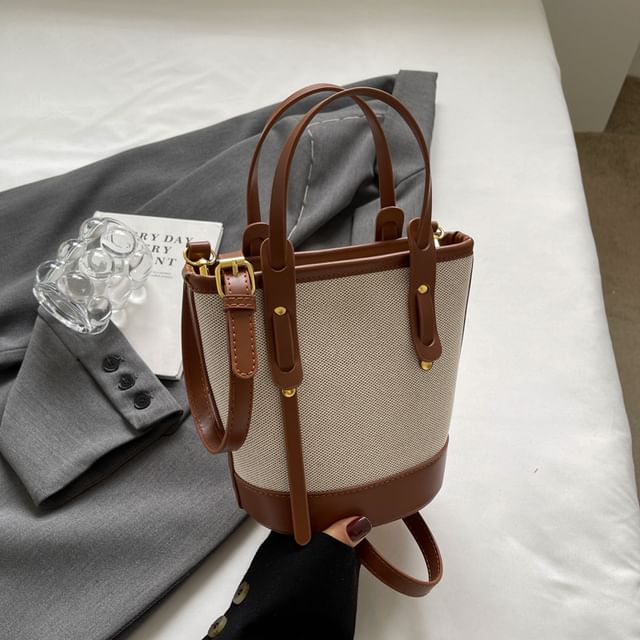 Bucket Leather Two Bag Faux Canvas Panel Tone