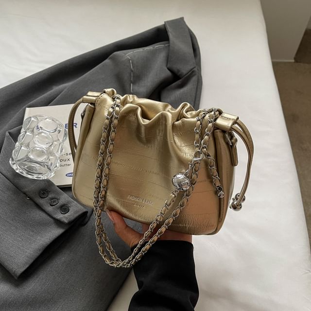 Drawstring Crossbody Chain Bag Leather Faux Strap