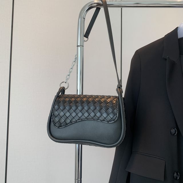 Faux Plain Flap Woven Leather Bag Crossbody
