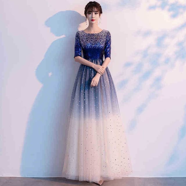 Elbow-Sleeve Sequin Mesh A-Line Evening Gown