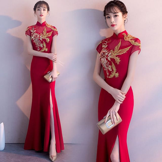 Traditional Chinese Cap-Sleeve Embroidered Mermaid Evening Gown