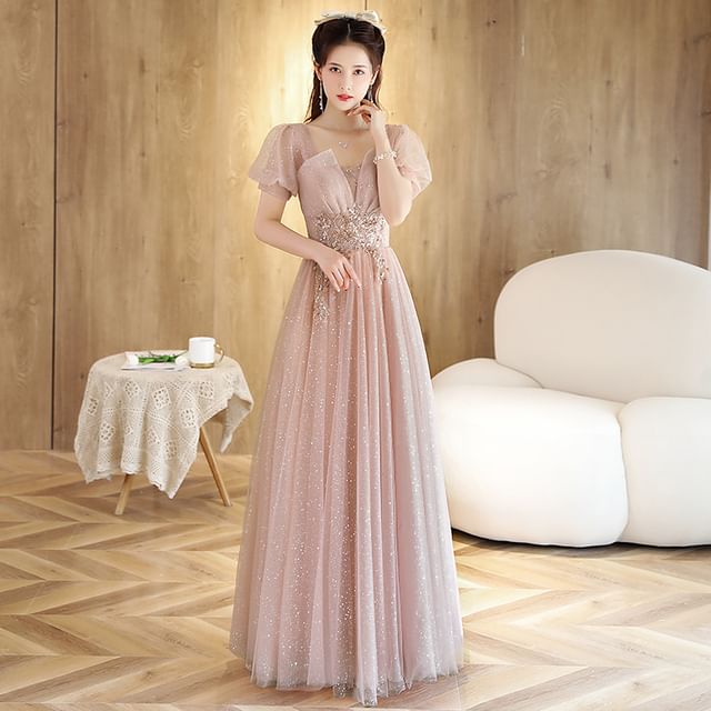 (Various A-Line Short-Sleeve Evening Designs) Rhinestone Gown Mesh
