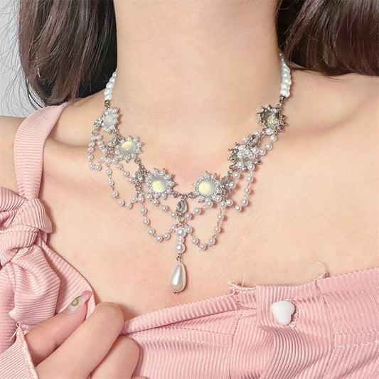 Alloy Choker Faux Pearl Layered