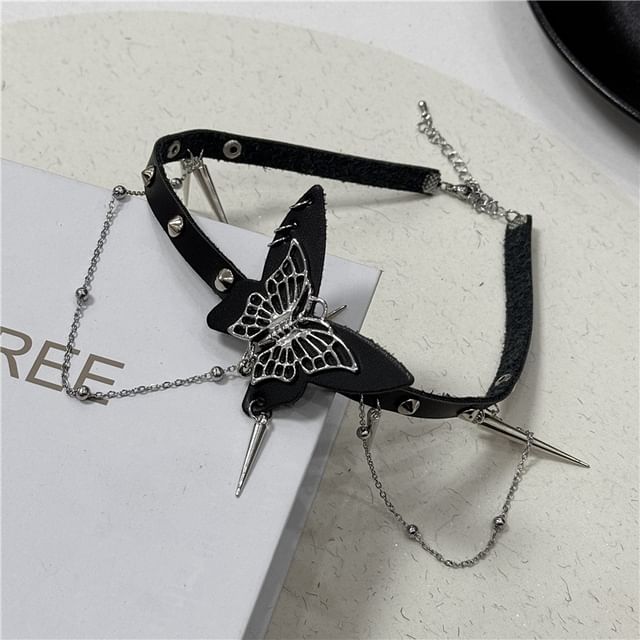 Faux / Butterfly Alloy Leather Studded Choker