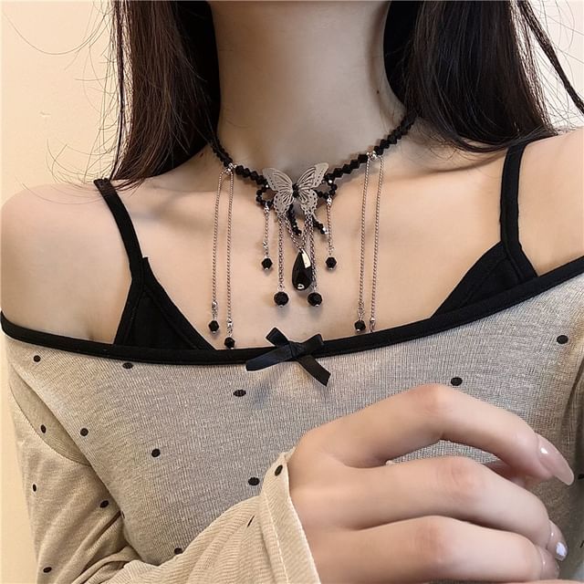 Faux / Butterfly Alloy Leather Studded Choker