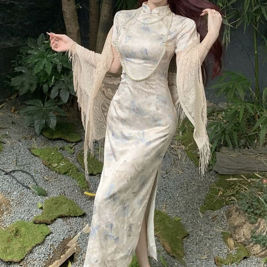 Short-Sleeve Floral Side-Slit Maxi Qipao