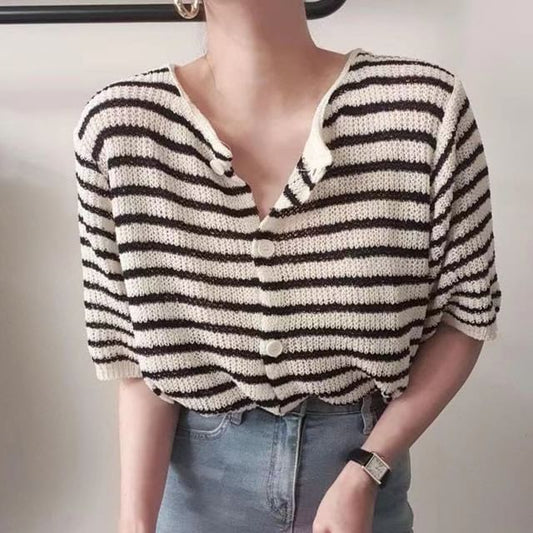 Short-Sleeve Striped Button-Up Cardigan